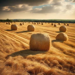 A striking image of a sprawling field dotted with golden haystacks basking under the warm sun.