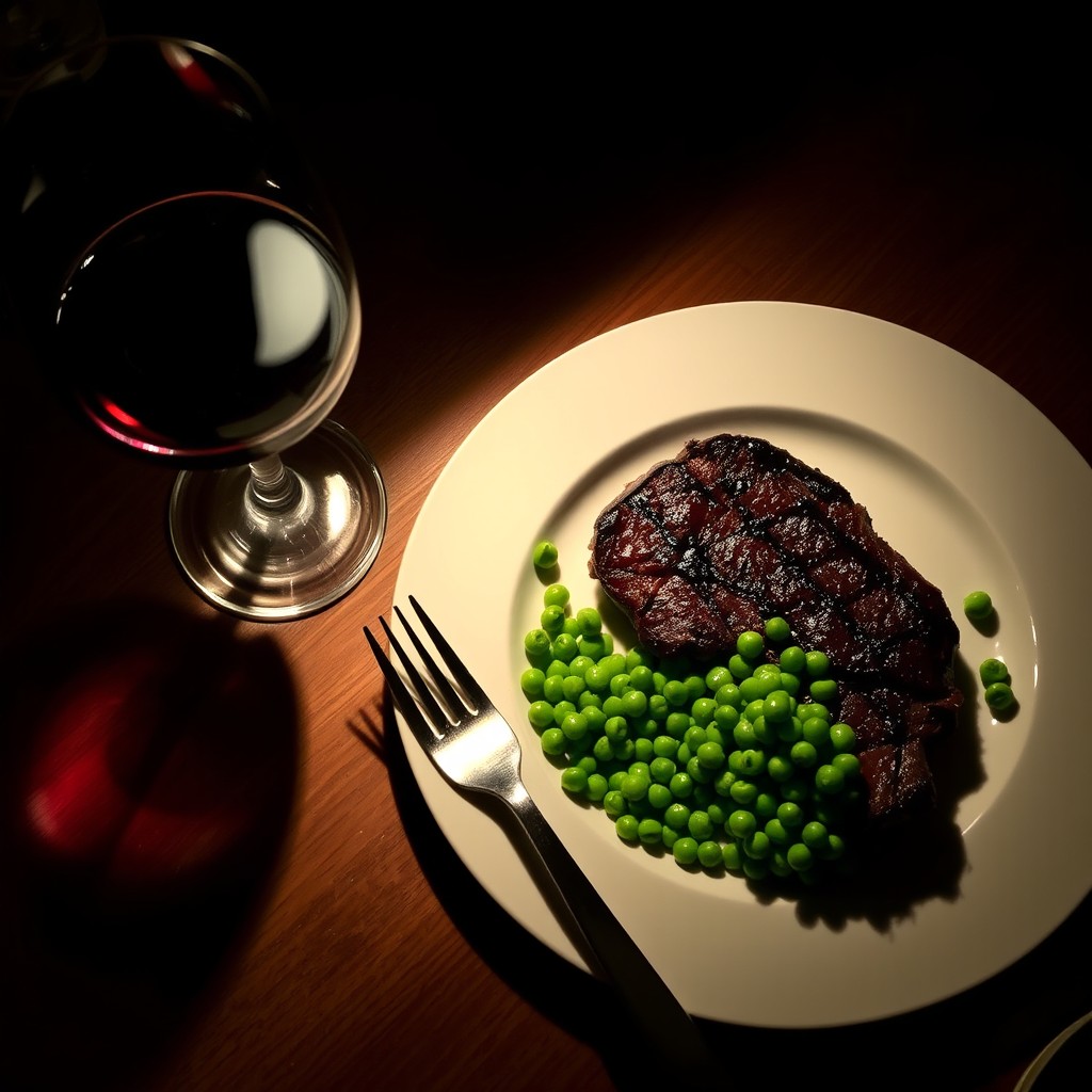 On a wooden table in a dark room, there is a plate with an elegant fork and knife laid out beside it