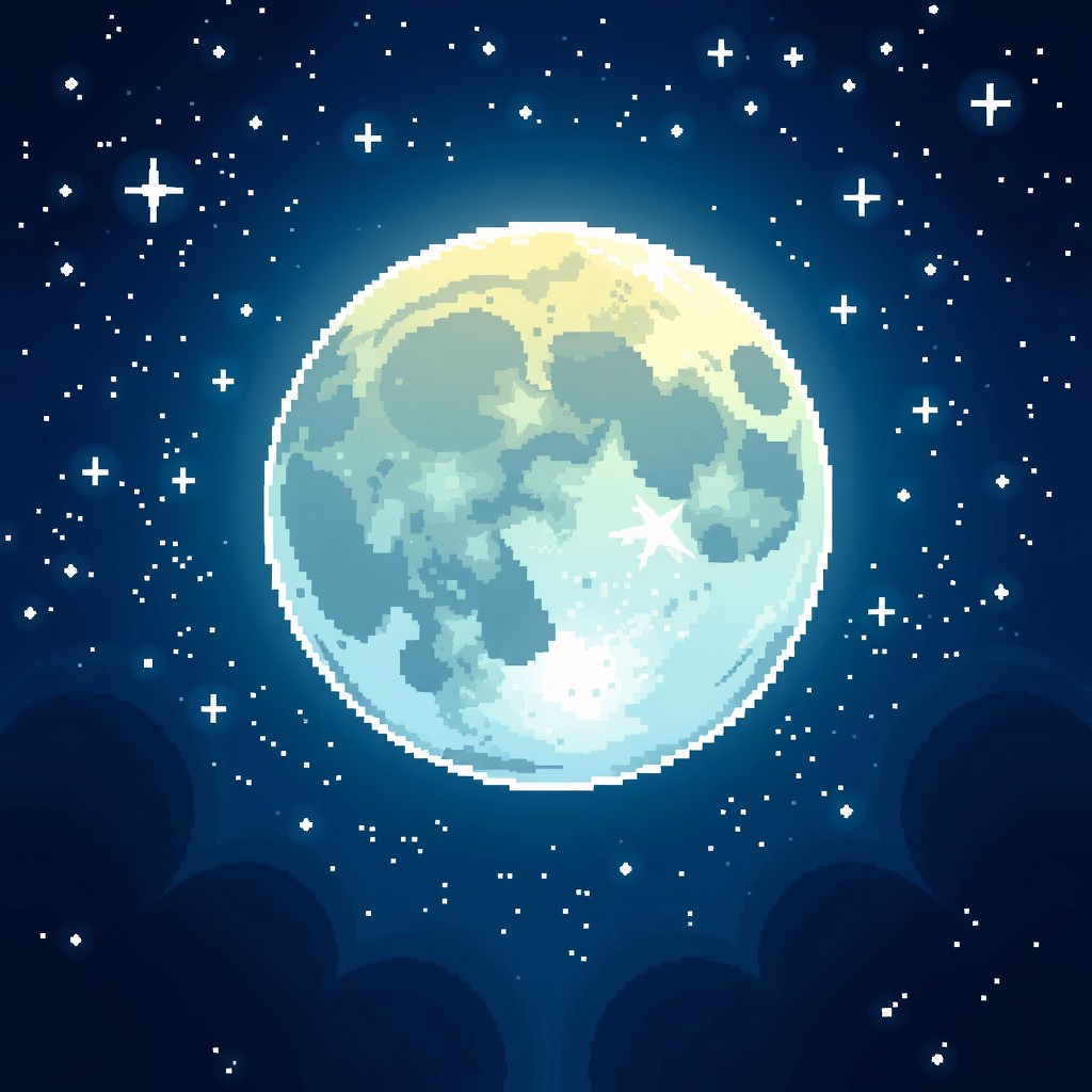 A stunning digital illustration of a pixelated moon, featuring vibrant colors and intricate pixel details