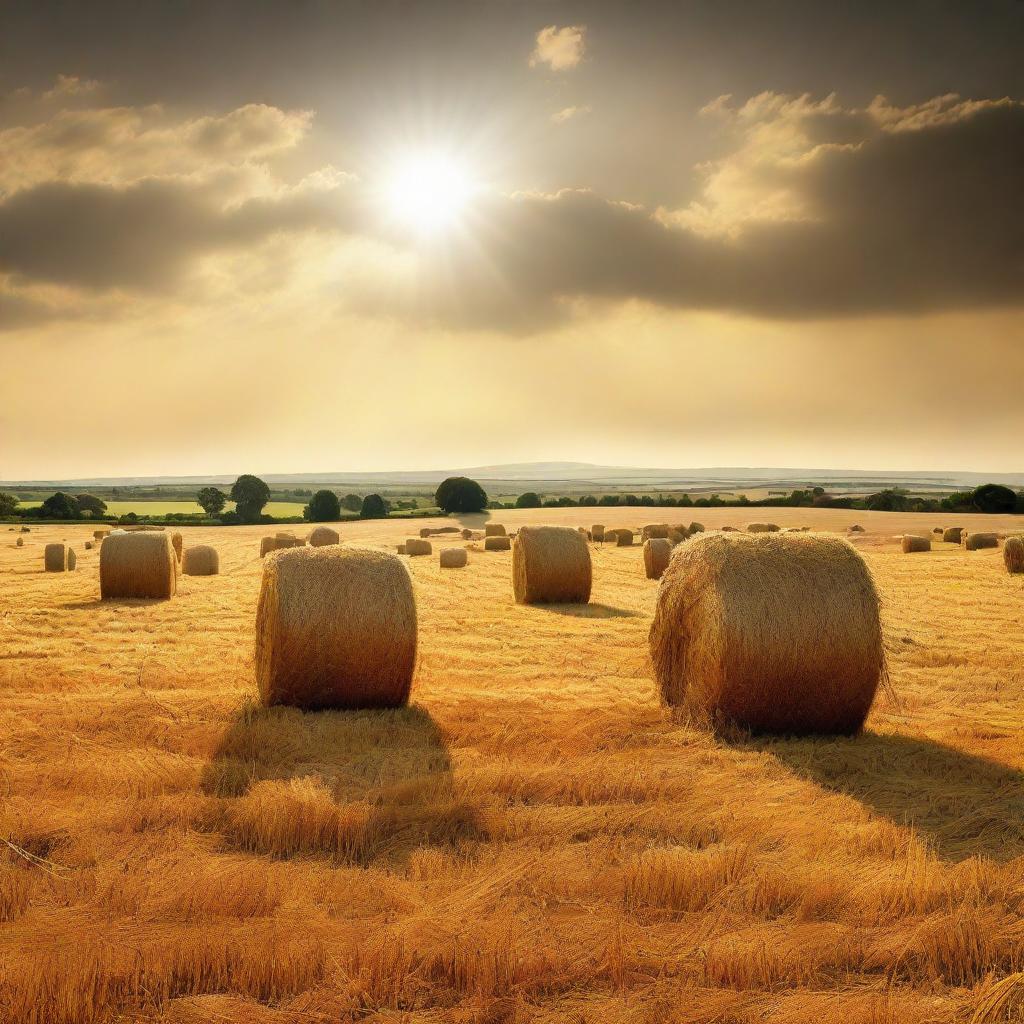 A striking image of a sprawling field dotted with golden haystacks basking under the warm sun.