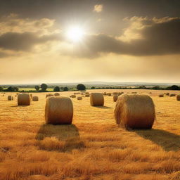 A striking image of a sprawling field dotted with golden haystacks basking under the warm sun.