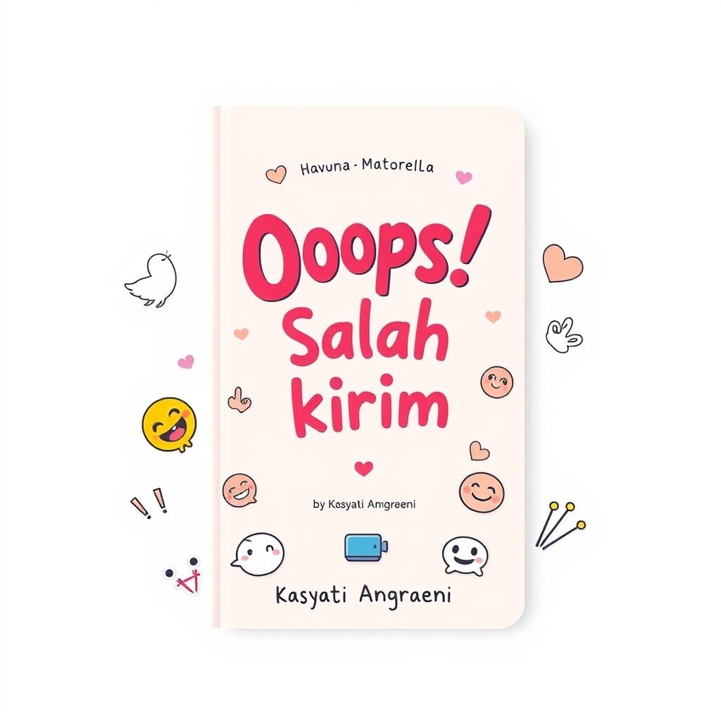 A cheerful and bright pastel illustration for a novel cover titled "Ooops! Salah kirim" by Kasyati Anggraeni