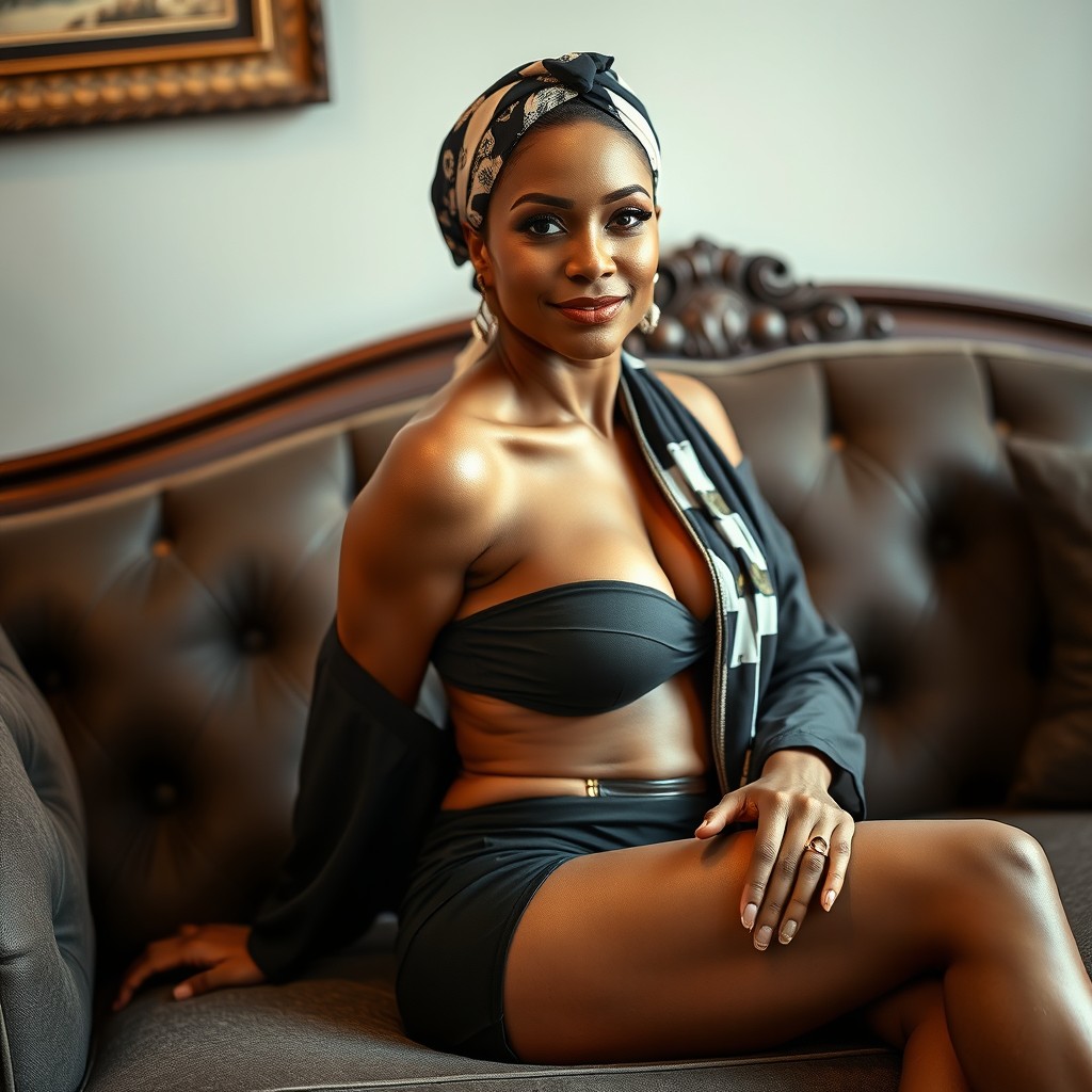 A stunning, mature woman wearing a fashionable headscarf, sitting gracefully on an elegant couch