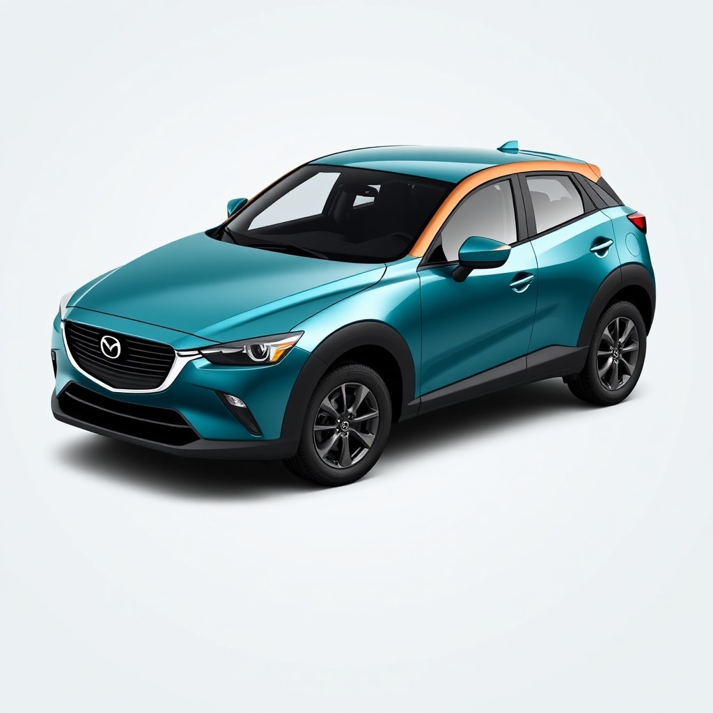 A stunning Mazda CX-3 in a vibrant teal exterior color and roof, paired with elegant satin bronze accents on the side panels, mirrors, and front grille