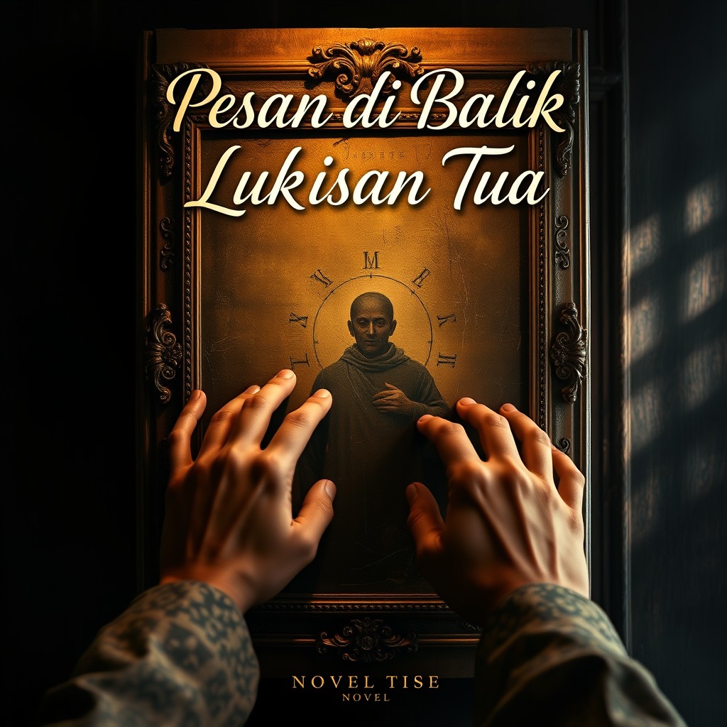 A captivating novel cover for 'Pesan di Balik Lukisan Tua', featuring a mysterious old painting with subtle hints of hidden messages within the brushstrokes