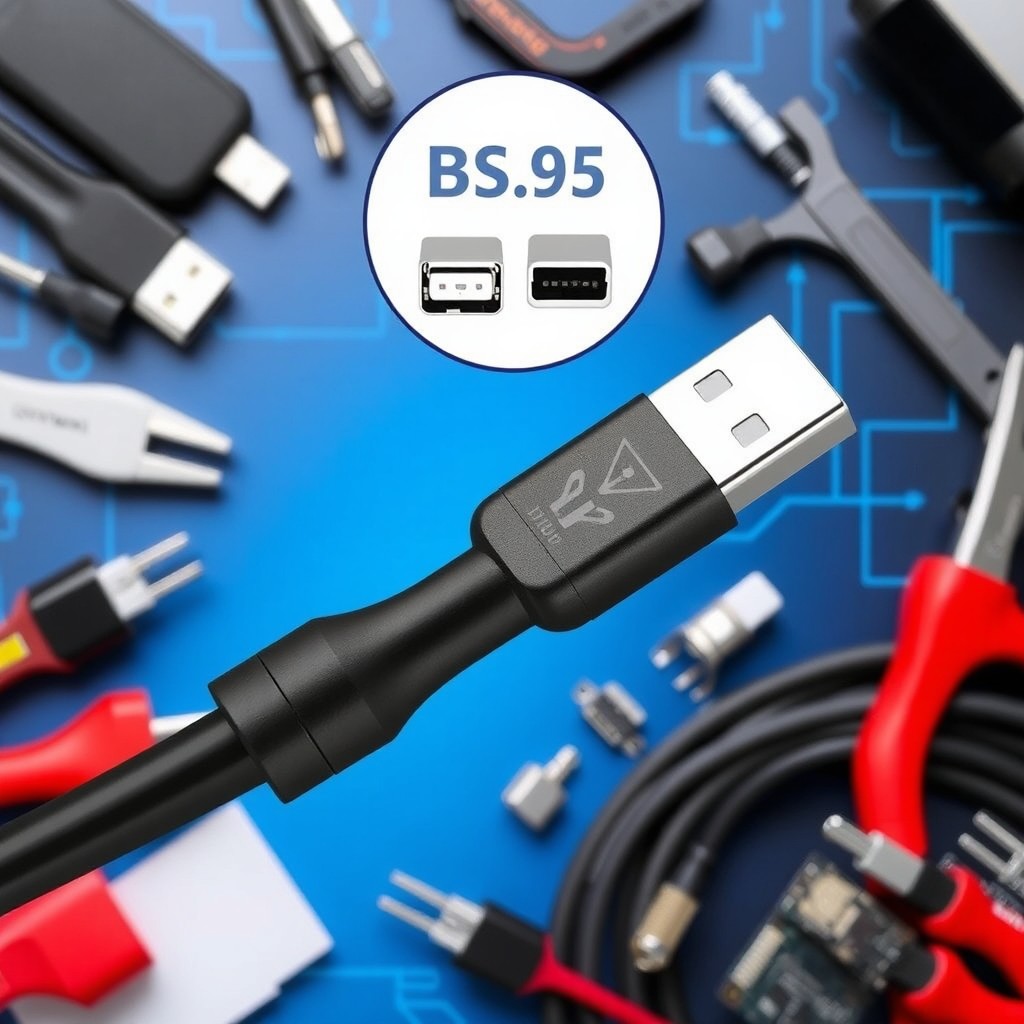 A collection of various USB connection cables, prominently featuring a USB-A to Type-2 plug cable
