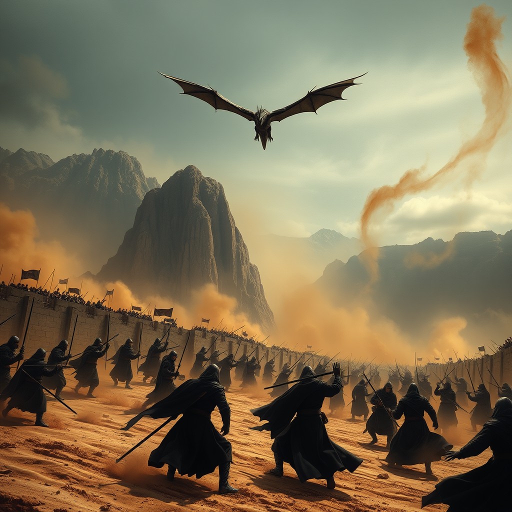 A dramatic battlefield scene depicting human soldiers in a Game of Thrones style, fiercely battling against vampires dressed in black reminiscent of the Volturi from Twilight
