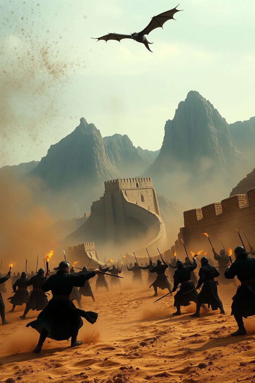 A dramatic scene depicting human soldiers engaged in a fierce battle against vampires dressed in black, reminiscent of the Volturi from Twlight, in a sandy landscape near towering mountains
