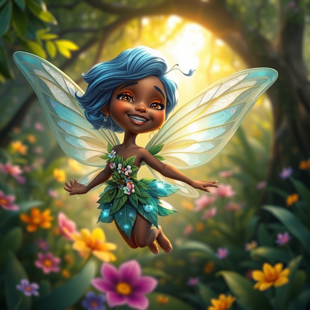 A whimsical blue-haired African fairy fluttering through a vibrant forest