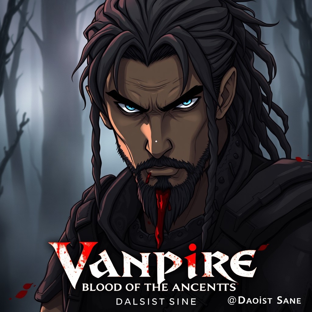 Anime styled illustration of a serious tawny-skinned man with dreadlocks and striking blue eyes, blood dripping from the corners of his mouth
