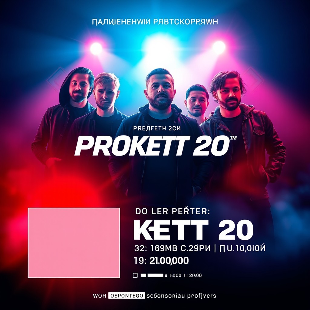 Create a dynamic concert poster in a vertical orientation featuring a centered photo of the cover band "Проект 2Д" with a slight offset for dramatic effect