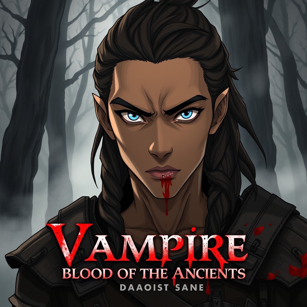 Anime styled illustration of a serious tawny young man with dreadlocks and striking blue eyes, blood dripping from the corners of his mouth
