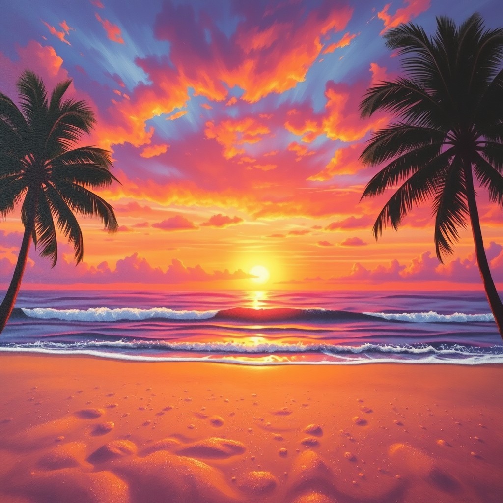 A stunning oil painting of a beautiful sunrise at the beach, with vibrant colors illuminating the sky in shades of orange, pink, and purple