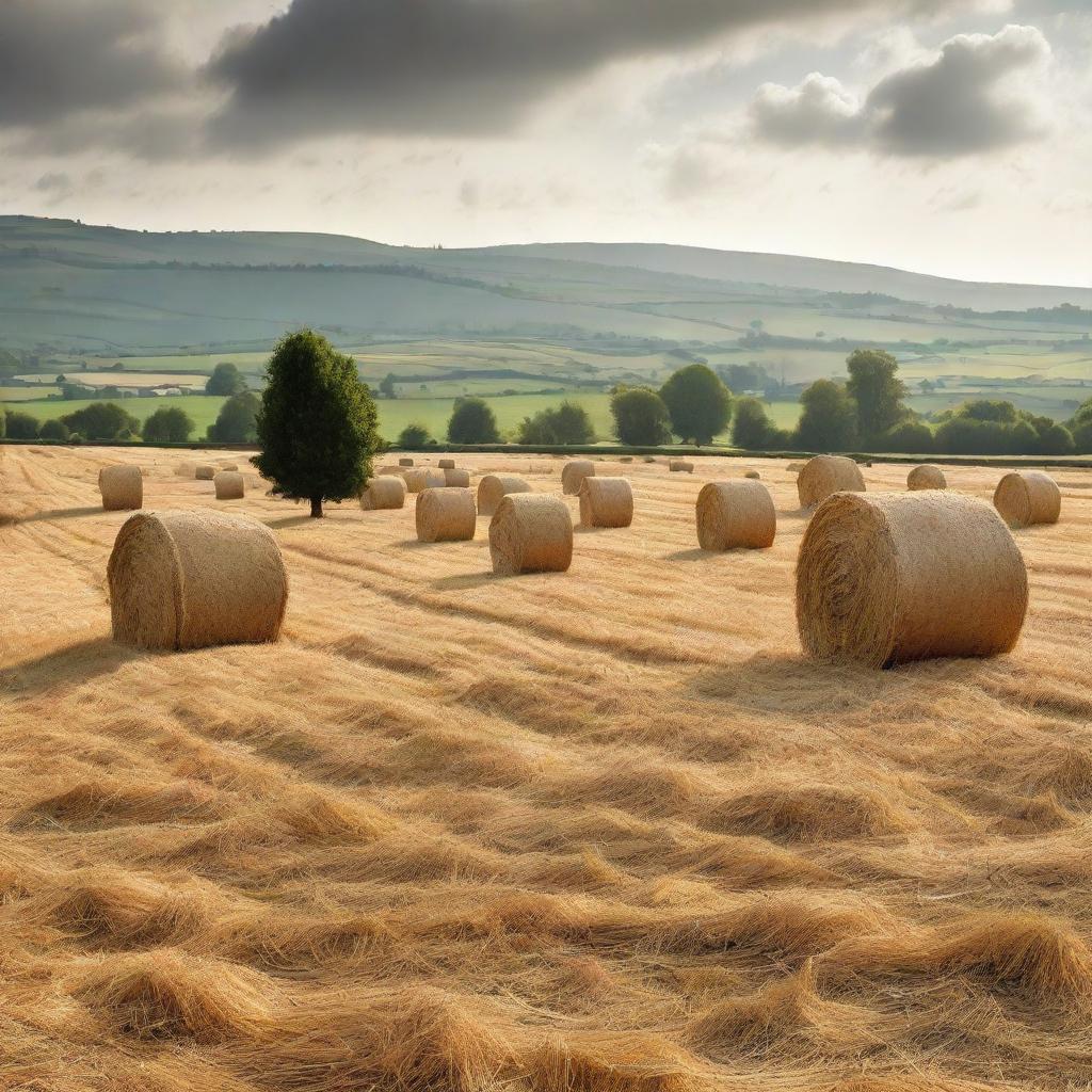 A picturesque rural scene of a vast field filled with haystacks, intermixed with rustic pitchforks sticking out.