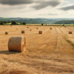 A picturesque rural scene of a vast field filled with haystacks, intermixed with rustic pitchforks sticking out.