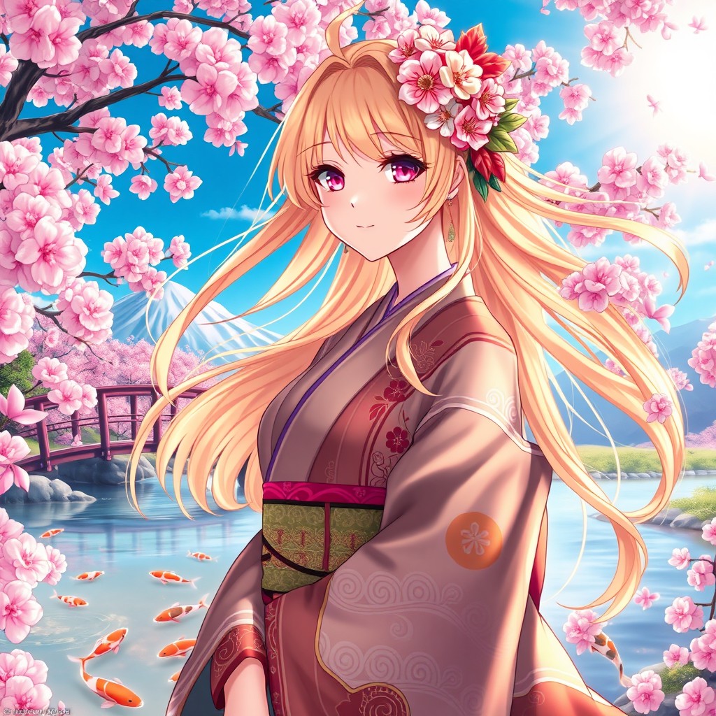 A stunning rendition of Umiya Ma, showcasing her in a vibrant and colorful scene filled with wind and cherry blossoms