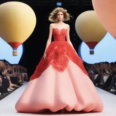 The model walked down the runway wearing a stunning hot-air balloon-inspired gown.