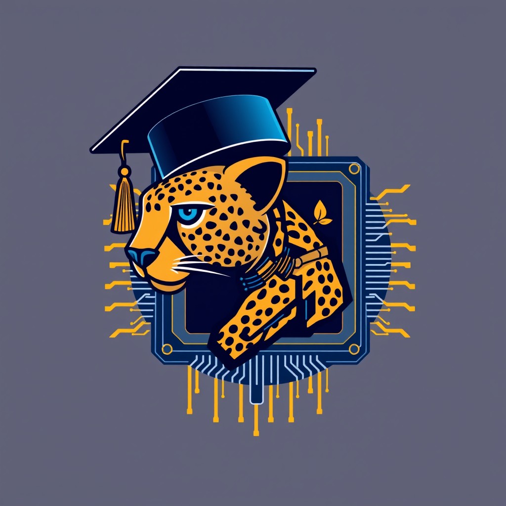 A logo design featuring a computer chip that incorporates a robotic Persian cheetah within it