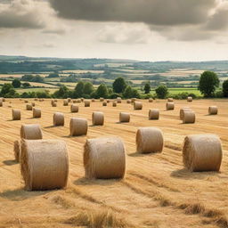 A picturesque rural scene of a vast field filled with haystacks, intermixed with rustic pitchforks sticking out.