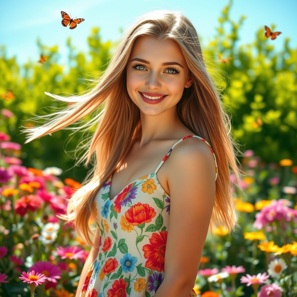 A stunning portrait of a young woman with flowing long hair that shimmers in the sunlight
