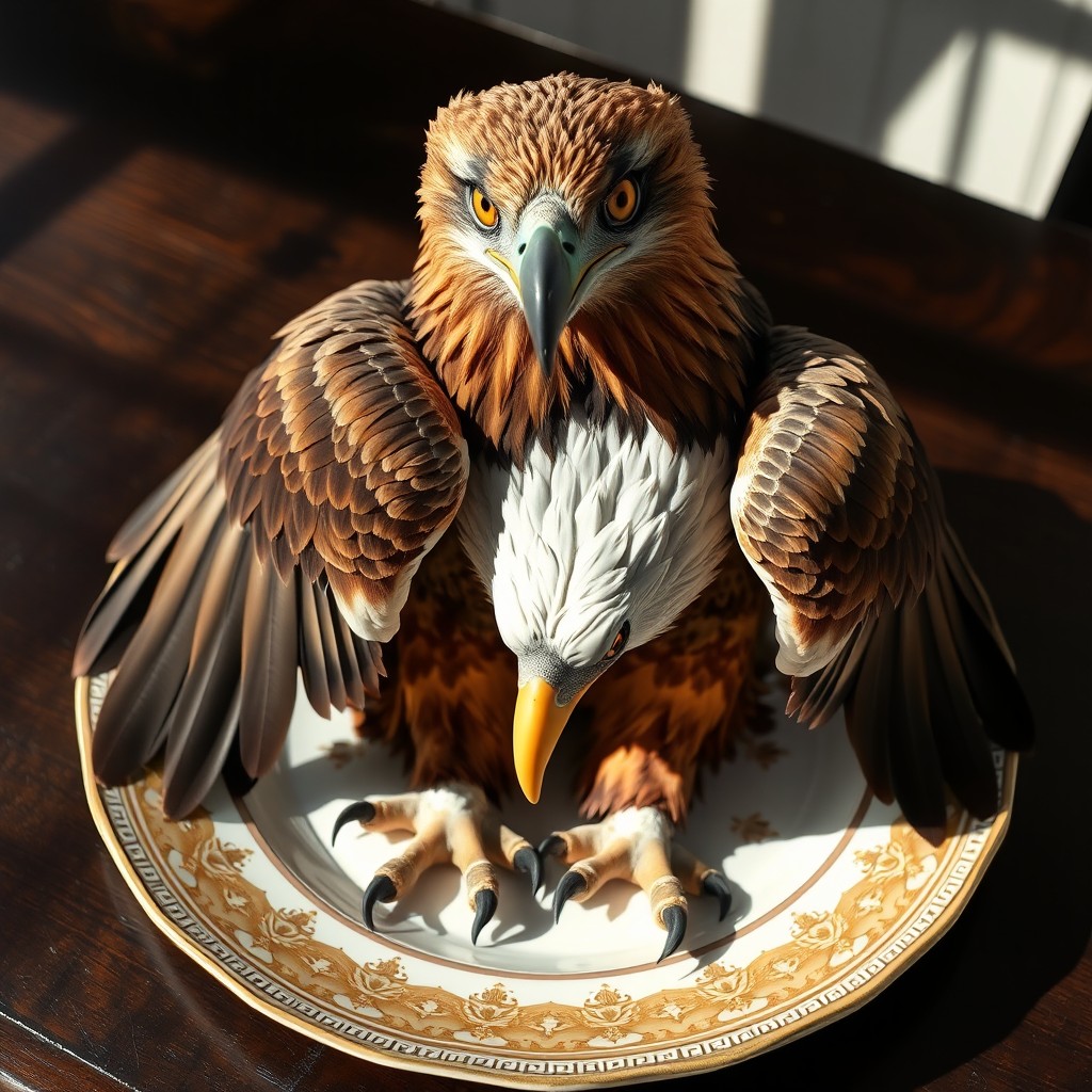 A beautifully presented large eagle on a decorative plate, showcasing vibrant feathers in shades of brown and white, details of the bird's fierce eyes, and sharp beak