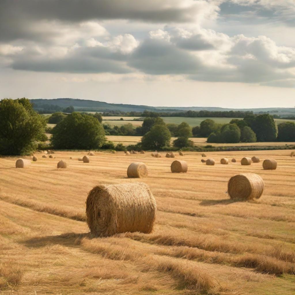 A picturesque rural scene of a vast field filled with haystacks, intermixed with rustic pitchforks sticking out.