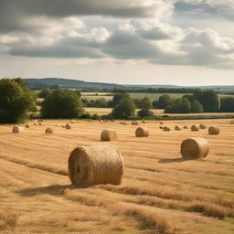 A picturesque rural scene of a vast field filled with haystacks, intermixed with rustic pitchforks sticking out.