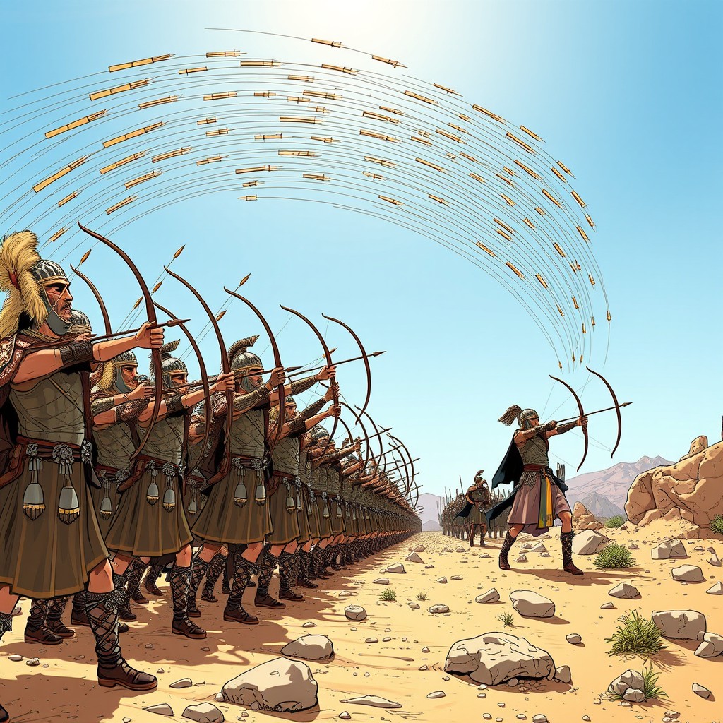 Thousands of soldiers from the Persian Empire, clad in intricate armor and traditional attire, standing in a dramatic rocky desert landscape under a bright noon sky