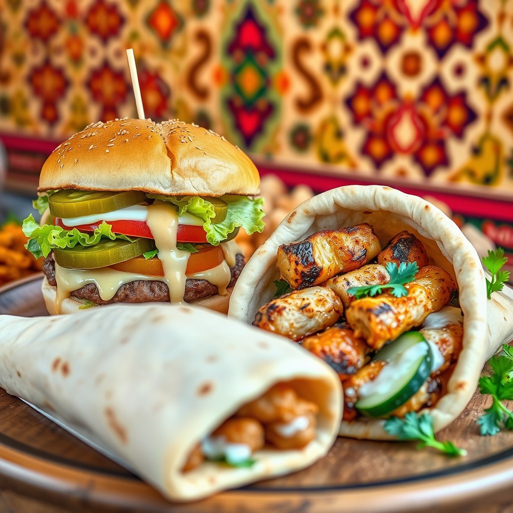 A beautifully arranged Lebanese food display featuring a traditional Lebanese burger and a tawook sandwich