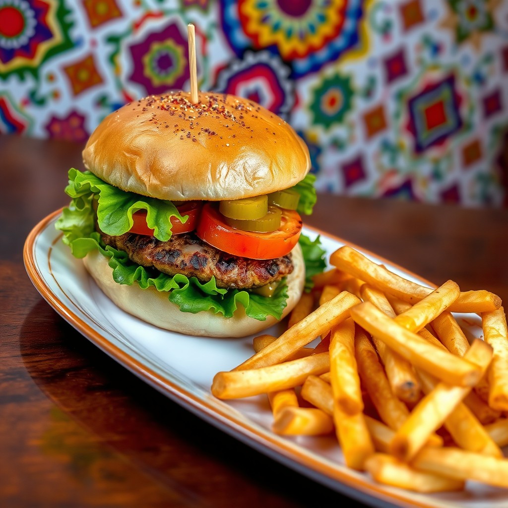 A beautifully arranged plate featuring a traditional Lebanese burger alongside a serving of crispy fries
