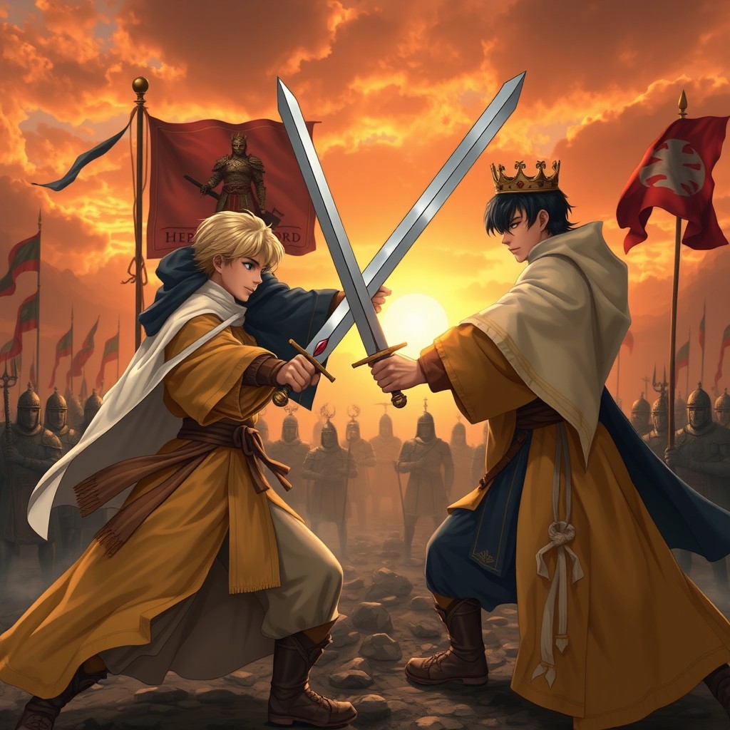 Two young emperors dueling at sunrise, their weapons crossed in an epic confrontation