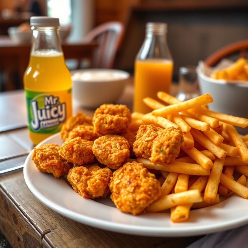 A beautifully styled plate featuring crispy golden chicken nuggets and a generous serving of golden French fries, accompanied by a vibrant bottle of Mr