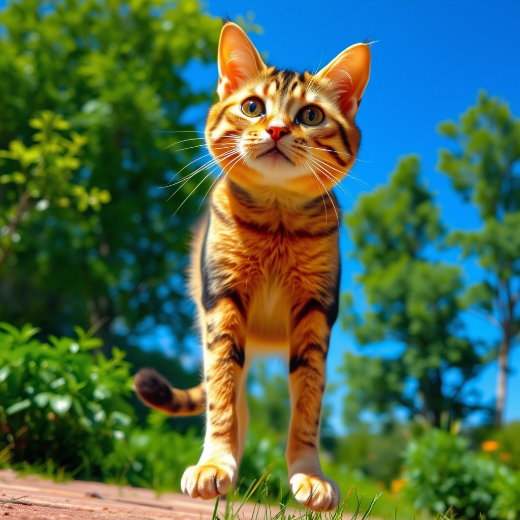A surreal image featuring a cat's head atop a human body with legs, merging both the feline and human features in a whimsical way