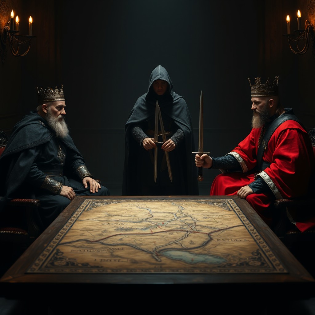 Two medieval kings seated in a dark room, directly opposite each other at a table that features a detailed map of a battlefield
