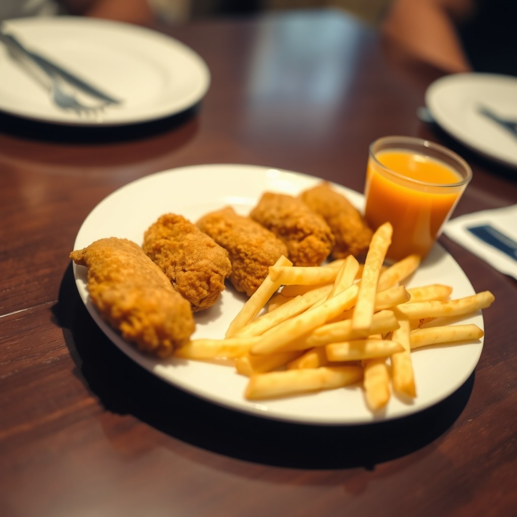 A delightful plate featuring five crispy chicken nuggets arranged neatly alongside a serving of golden French fries