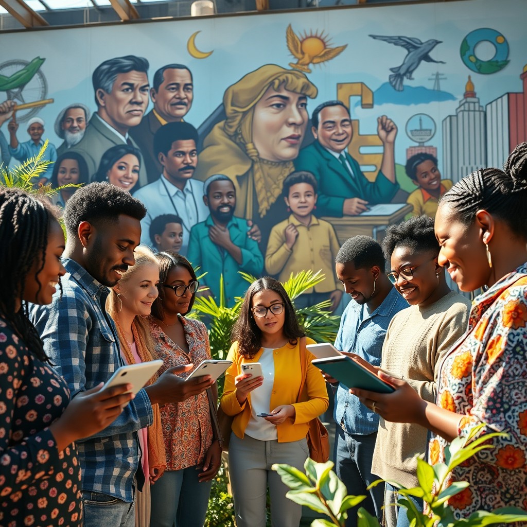 A bright, inspiring scene showcasing community collaboration and technological innovation