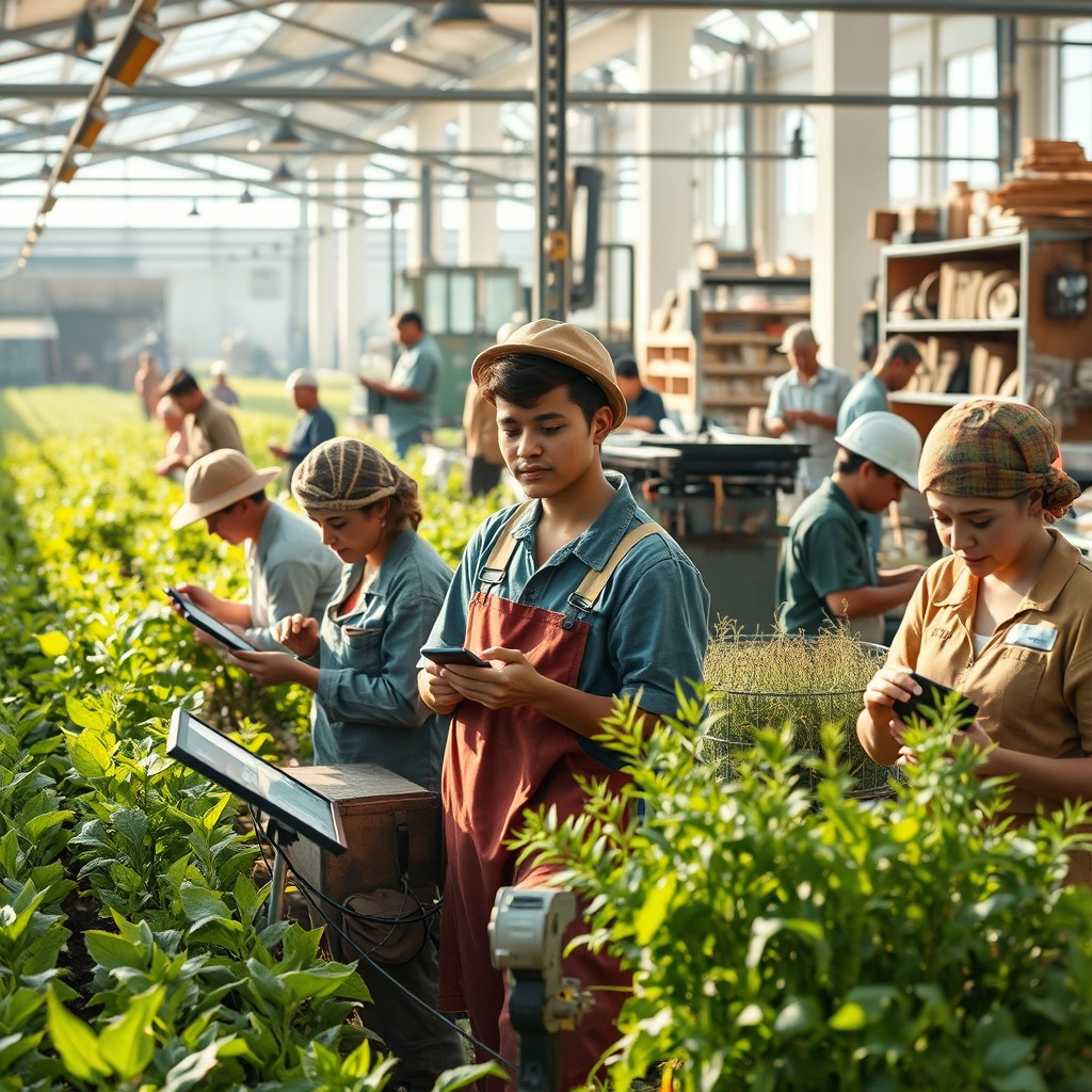 A lively and productive scene depicting workers in various industries, including agriculture, manufacturing, and workshops, all utilizing artificial intelligence as an essential helper