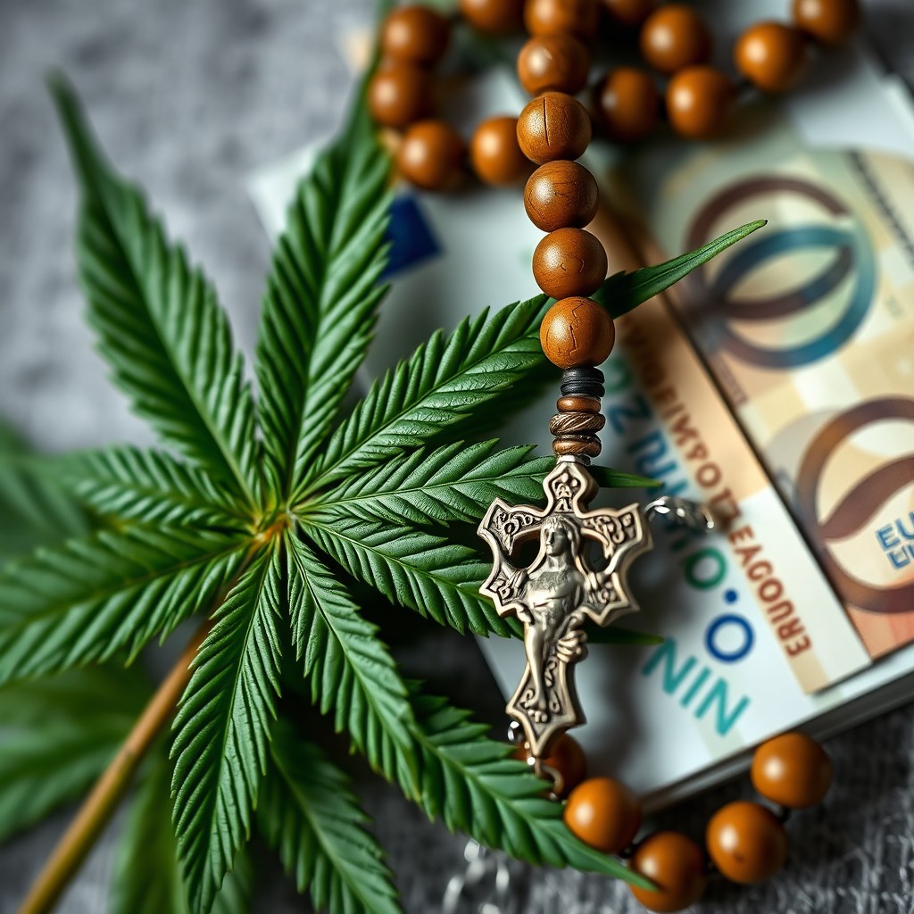 A detailed and artistic representation of a marijuana leaf beside a rosary and Euro banknotes