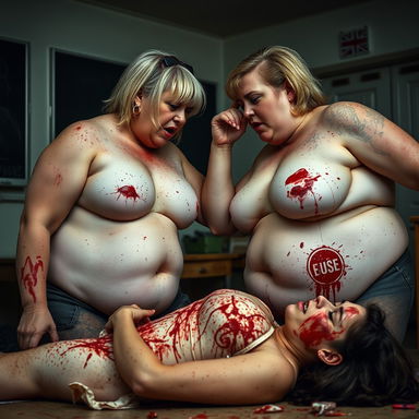 An intense and chaotic scene featuring two heavyweight women, each around 80kg and 47 years old, engaged in a brutal physical fight within a classroom