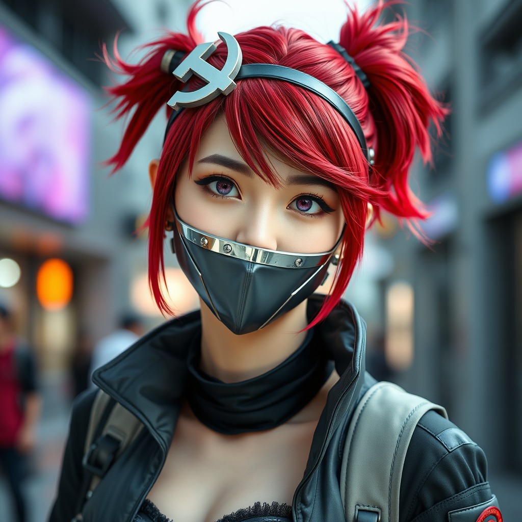 A full body portrait of a K-pop female character with striking red hair styled in a cool and edgy hairdo adorned with a decoration resembling the communist logo