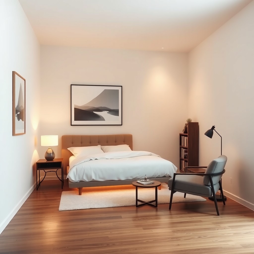 A modern bedroom design featuring a cozy bed positioned on the left side against the wall, facing the viewer