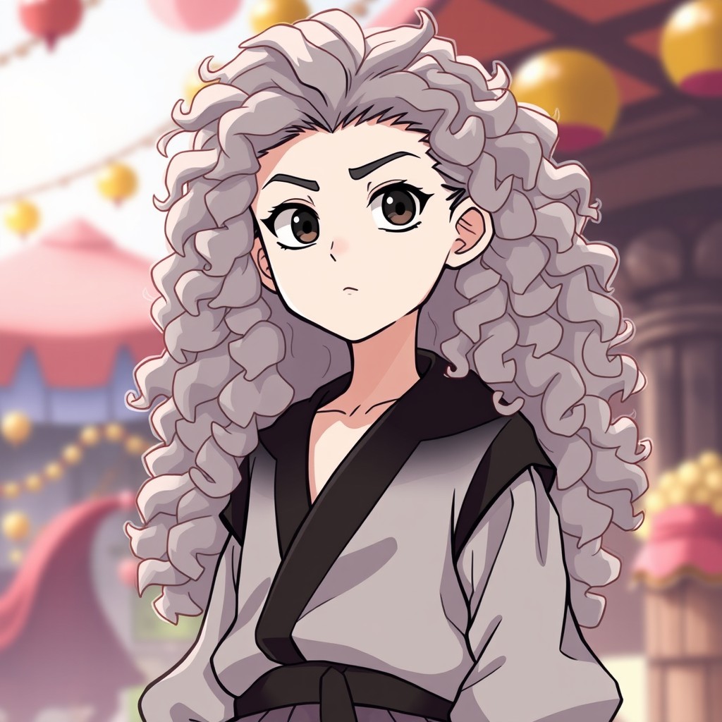 A character inspired by the Soul Eater style, featuring a medium-dark white skin tone, large curly hair flowing down