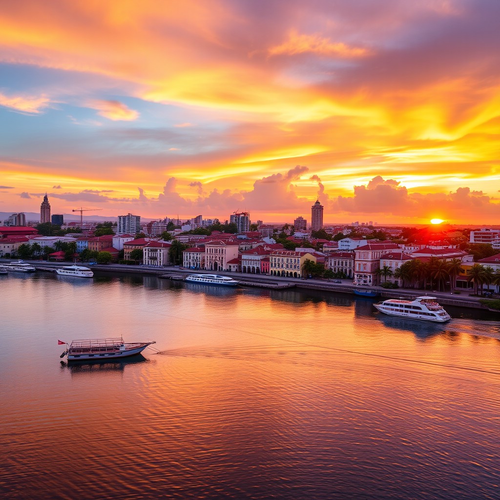 A vibrant sunset over the city of Recife, Brazil, capturing the unique architecture and landscapes