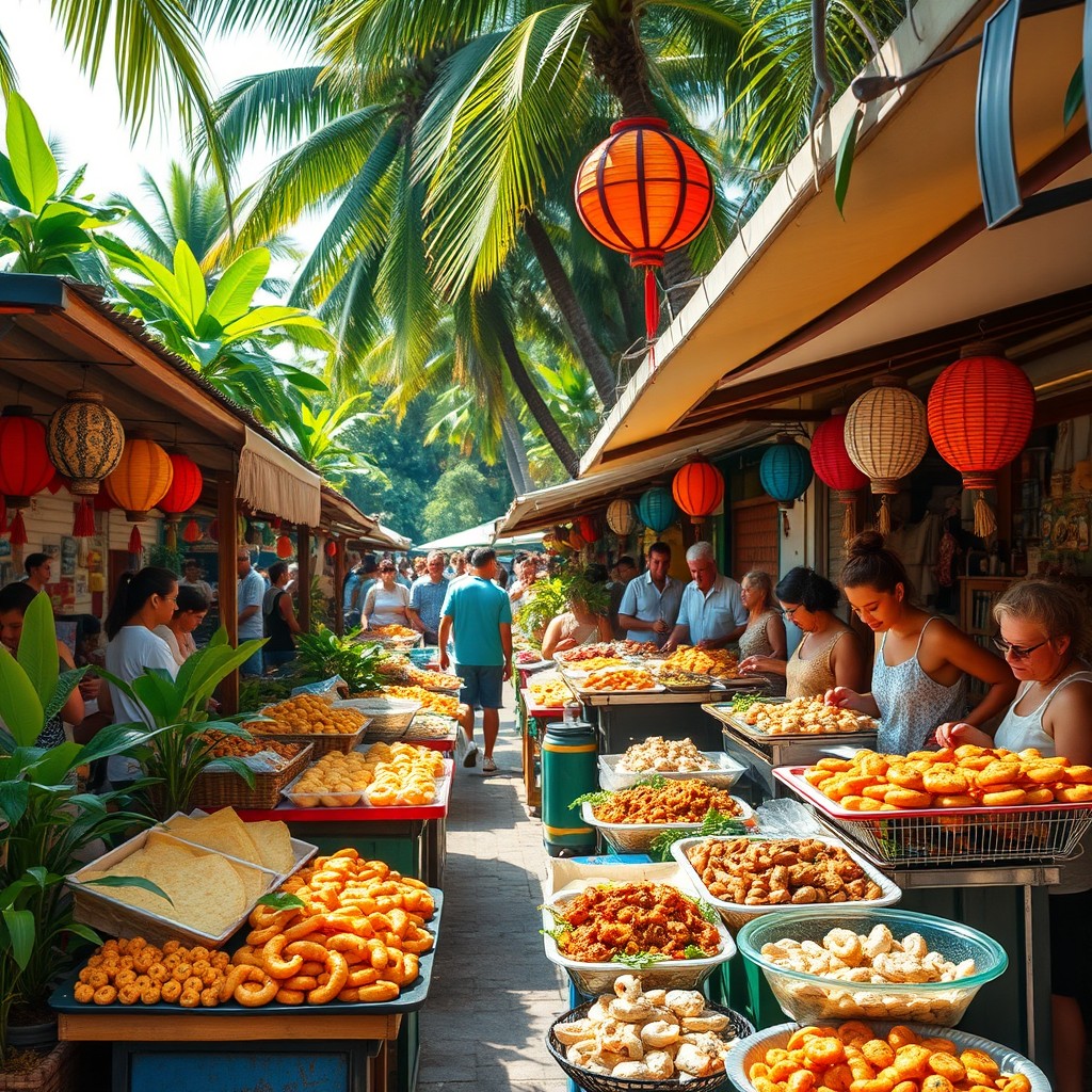 A vibrant scene showcasing a traditional Recife street market filled with colorful stalls offering a variety of delicious local dishes