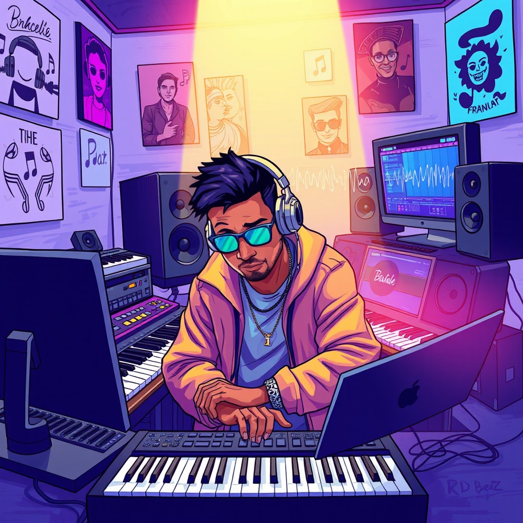 A creative and dynamic illustration showcasing a modern music producer named RDBeatZ in his studio