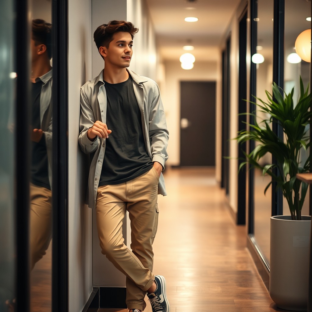 A casually well-dressed young man indoors, standing or leaning against a wall in a softly lit environment like a modern café, hallway, or apartment