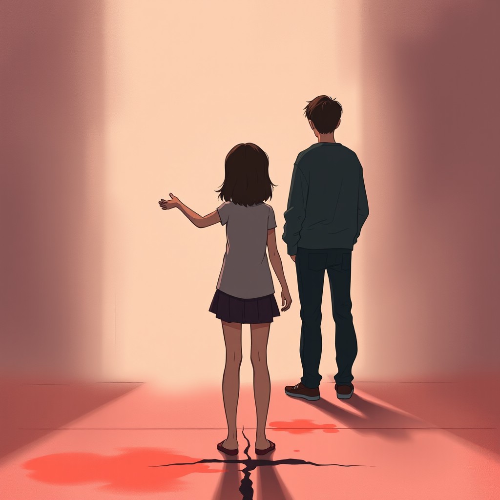 A slender brunette girl stands at the center, reaching out her hand towards two boys, aged 16, who are standing close together but turning their backs or looking away