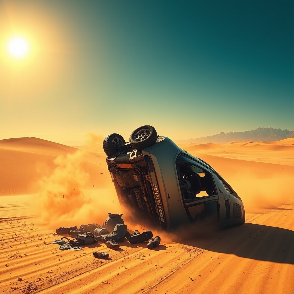 A dramatic scene illustrating a desert route accident, featuring a sun-scorched backdrop of golden sand dunes and an expansive blue sky