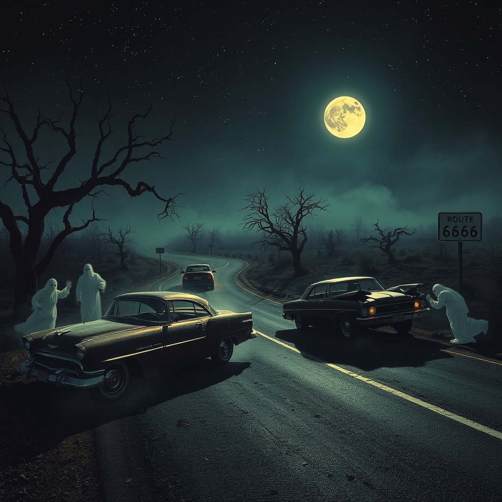 A hauntingly atmospheric scene depicting the infamous Route 666, with vintage cars involved in eerie accidents