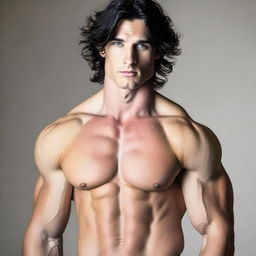 A tall and muscular masculine man with dark blue eyes and pale skin. His wavy black hair accentuates his handsome features.